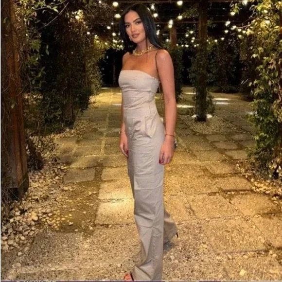 Zara NWT beige cargo long strapless jumpsuit - Picture 3 of 7
